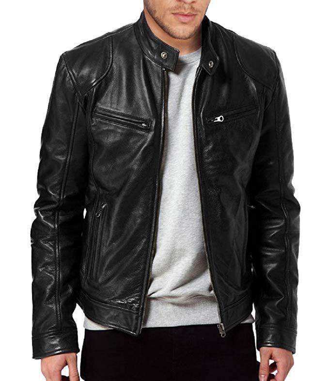 Winter Business Gentleman Warm Zip Cardigan Pocket Decorative PU Leather Jacket Stand-Up Collar Slim Leather Jacket P