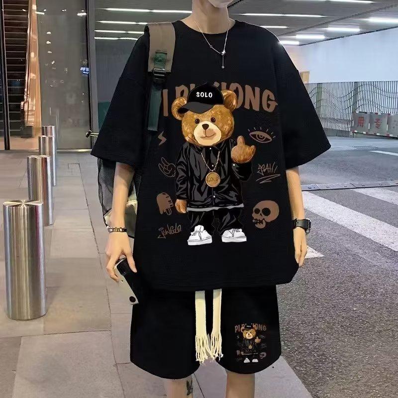 Summer Waffle Suit Men s Short-sleeved T-shirt Casual Shorts Teenagers Wear Sports with Loose M чёрный 1660₽