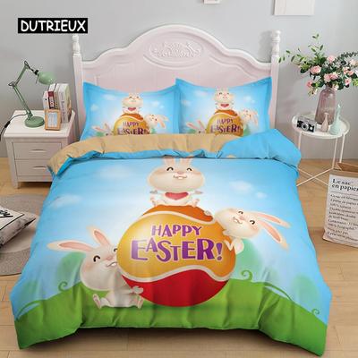 Housse de couette Joyeux Pâques Œuf Lapin Roi Reine Housse de couette Dessin animé Adorable Lapin Ensemble de literie Animal de compagnie Housse de couette en polyester Housse de couette