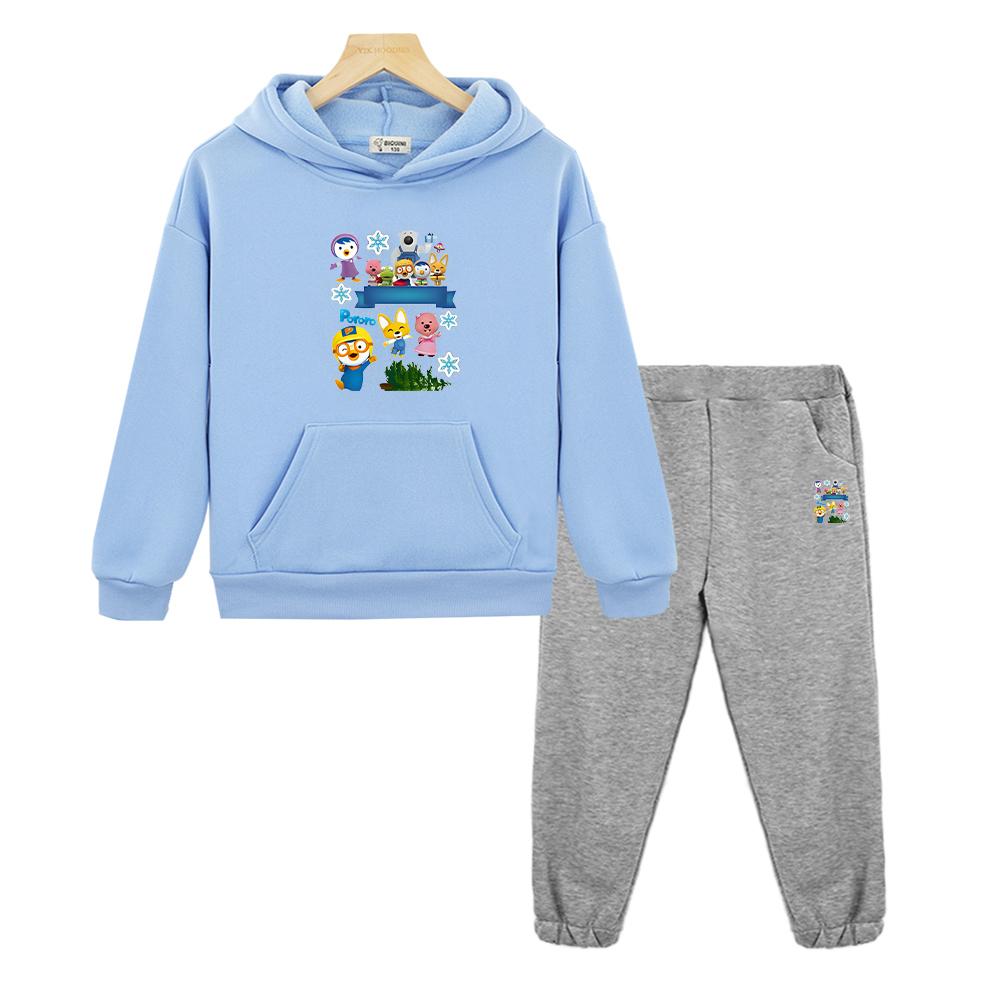 Pororo Boys Girls Hooded Sets Anime Hoodie Fleece Sweatshirt Jacket Cartoon 2pcs Pullover+pant Child Suit Kids Boutique Clothes