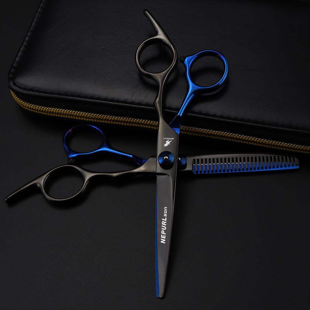 6.0 Inch Black/Blue Electroplated Hair Scissors – Straight & Thinning Barber Scissors