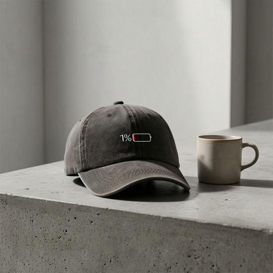 Low Battery Pattern Baseball Hat, Adjustable Back Buckle Retro Distressed Style Baseball Cap, Washed Cotton Fabric Outdoor Sunshade Cap