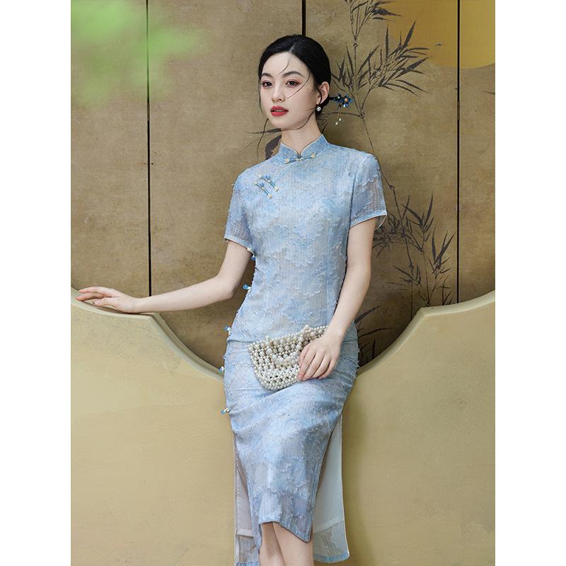 New Chinese cheongsam 1011 new temperament improved blue summer simple and elegant long slim dress