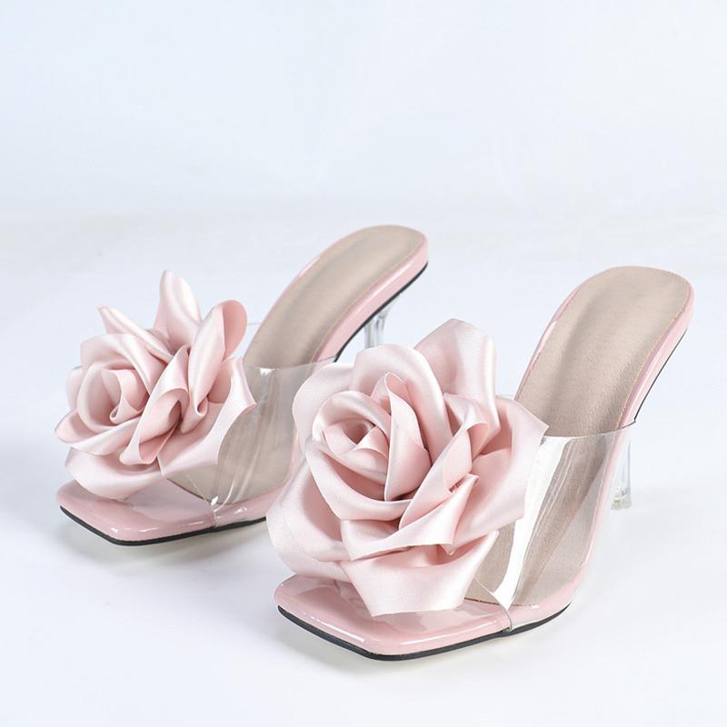 Fashion Liyke Summer PVC Transparent Slippers For Women Fashion Big Pink Flowers Designer Sandals Female Shoes Clear High Heels Size 43