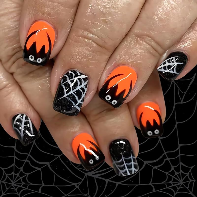 Halloween Press on Nails Medium Fake Nails Almond Shape Halloween False Nail Tips with Pumpkin Star Moon Designs Cute Stick on Nails Glossy Halloween