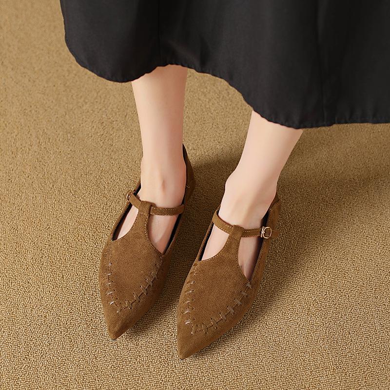 

Retro suede light mouth Mary Jane shoes one-word buckle single shoes lazy shoes soft sole pointed 35 верблюд