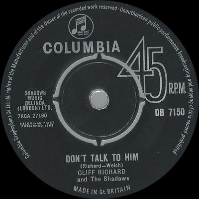 7inch Record CLIFF RICHARD & THE SHADOWS - Don't Talk To Him DB7150 Columbia 1963 UK Rock Used