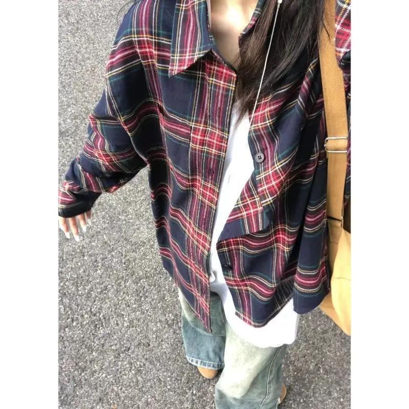 Women's Casual Red Plaid Retro Jacket: Loose, Versatile, Spring Outerwear