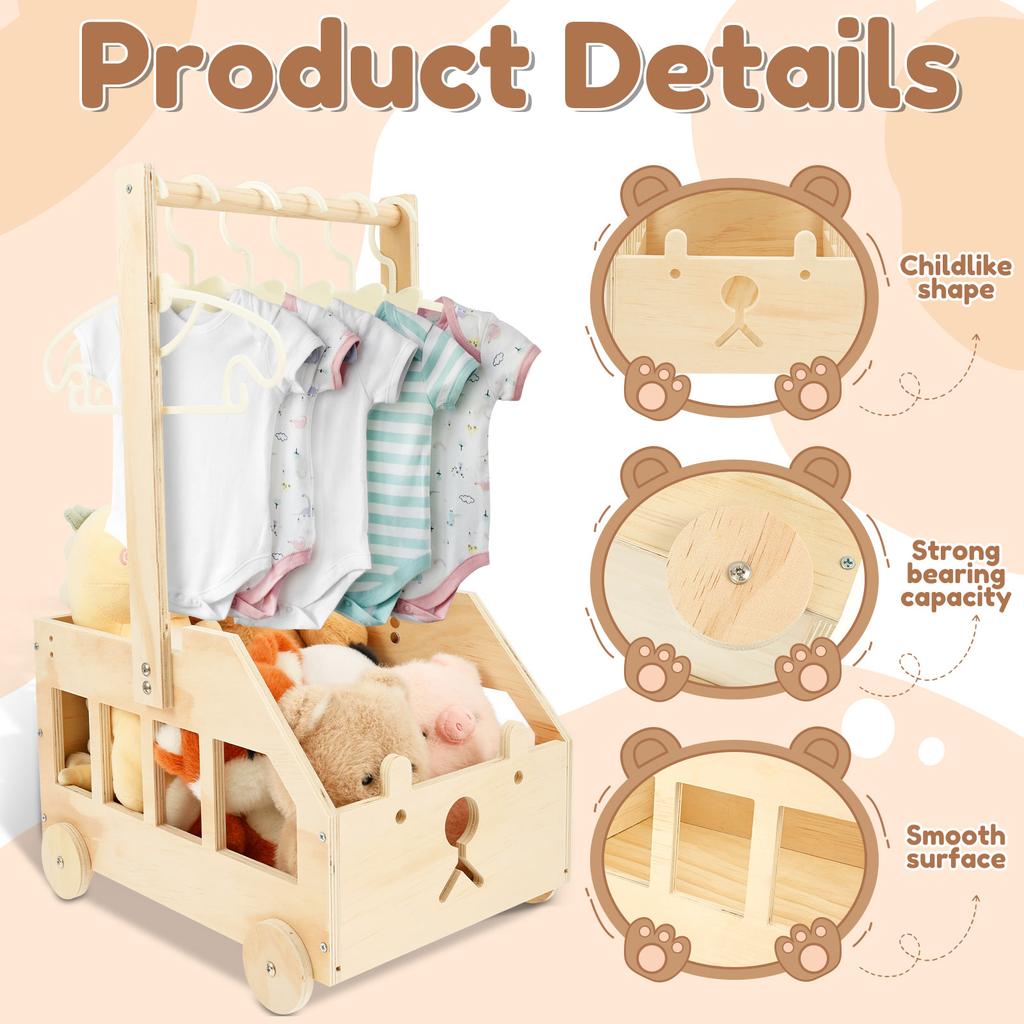 Wood Storage Crate with Wheels Baby Shower Clothing Basket Toys Organizer Box Children Long Handle Boys Girls Gift Basket