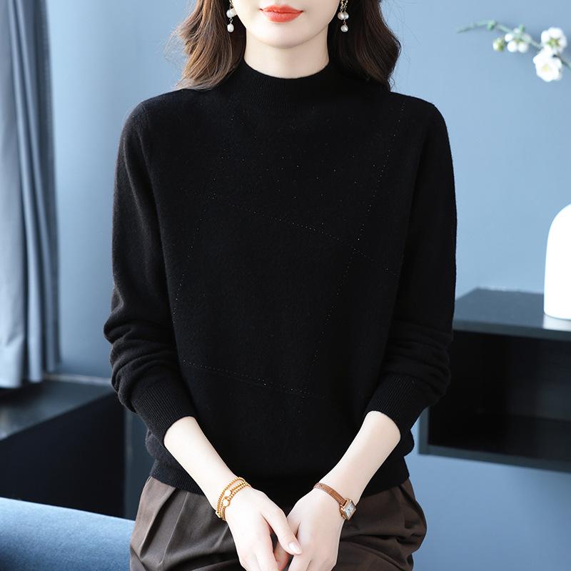 Puyuan Women's Pure Wool Half-High Neck Sweater - Autumn/Winter Solid Color Knit Base Layer for Moms