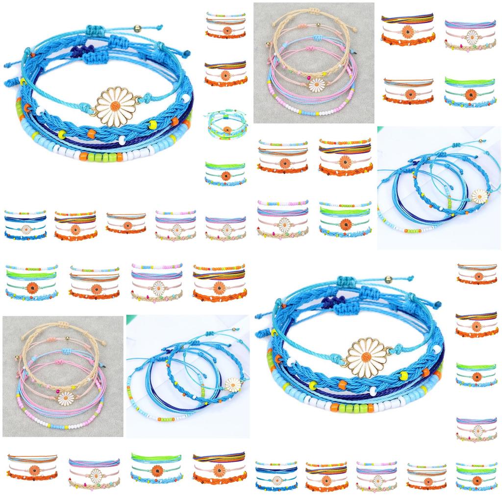 New Bohemian Style Waterproof Wax Thread Handwoven Bracelet Set With Alloy Daisy Beads