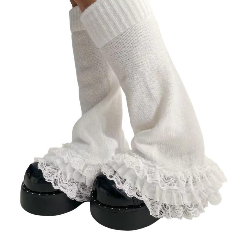 Damen Mädchen Fairycore Gestrickte Beinwärmer Ausgestellte Stiefelsocken Japanische JK Lagenlook Rüschen Spitzenbesatz Fußabdeckungen Streetwear
