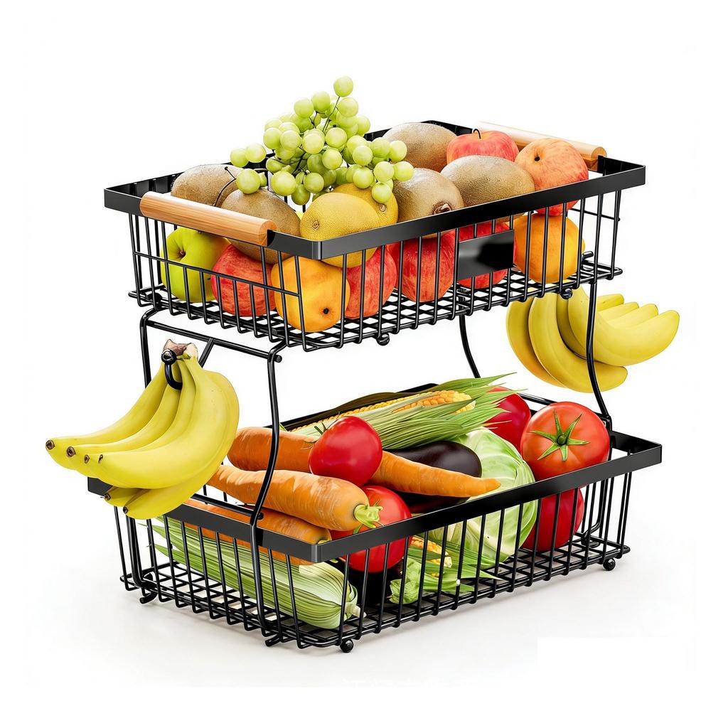 Nordic Vegetable and Fruit Basket Double-layer Wooden Hand Basket Removable Storage Basket Kitchen Countertop Hanging Banana Fruit Storage Rack