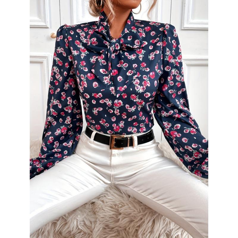 Floral Print Tie Front Blouse, Elegant Long Sleeve Blouse For Spring & Fall, Women's Clothing