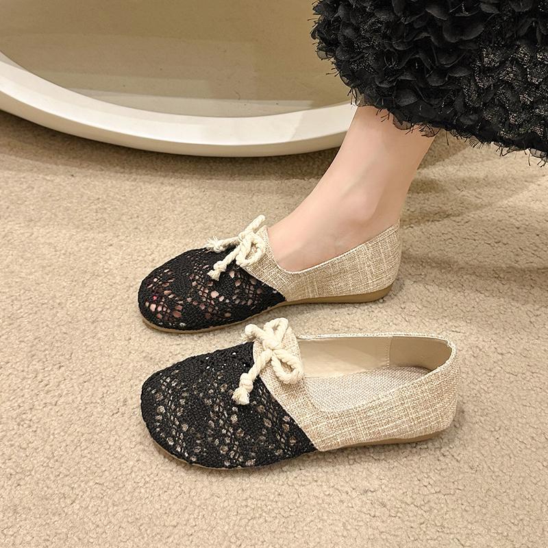Fashion Summer Women Hollow Out Mesh Breathable Loafers Shoes Ladies Korean Lace Slip On Beige Fats Shoes Zapatos De Mujer New 2025