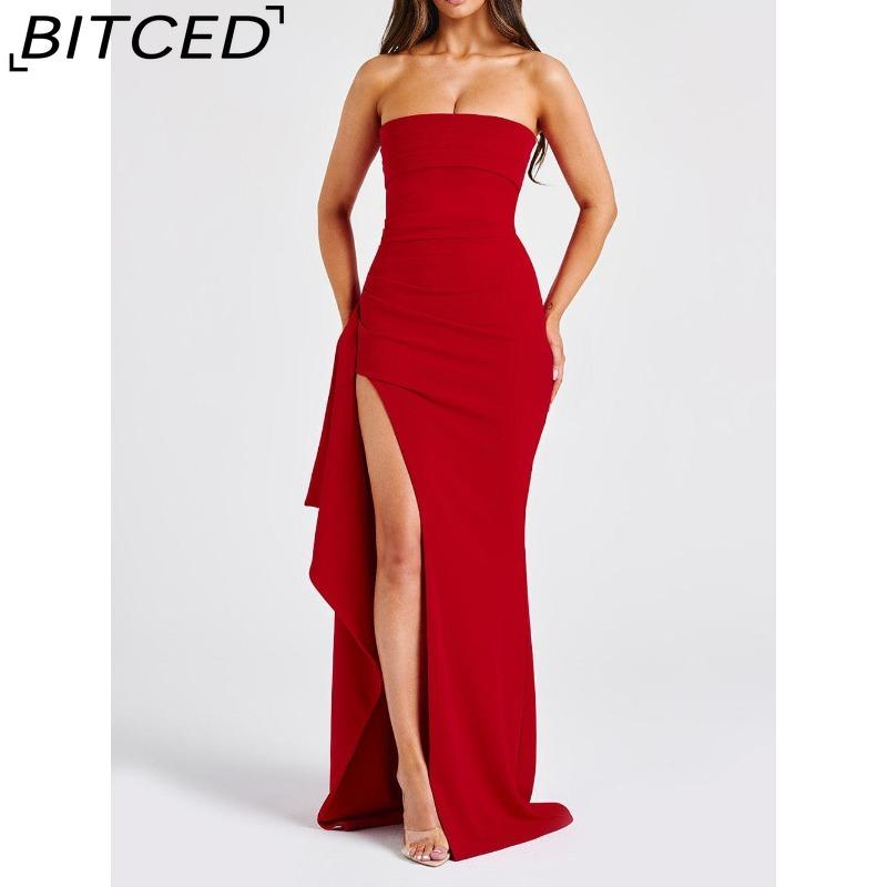 BITCED Women's Strapless Evening Gown Seductive Open-back Dress with High Side Slit Long Party Dress