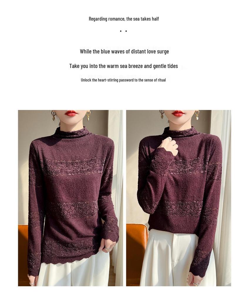 Women's Chic High-Neck Lace Trim Jacquard Knit Sweater