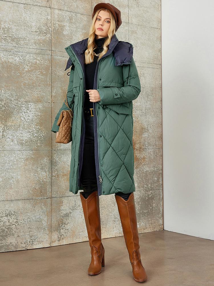 PINK CHIC 2025 New Winter Coat Women Down Jackets High Quality Rhombic Warm Lace up Hooded Long version Female Parka W6553