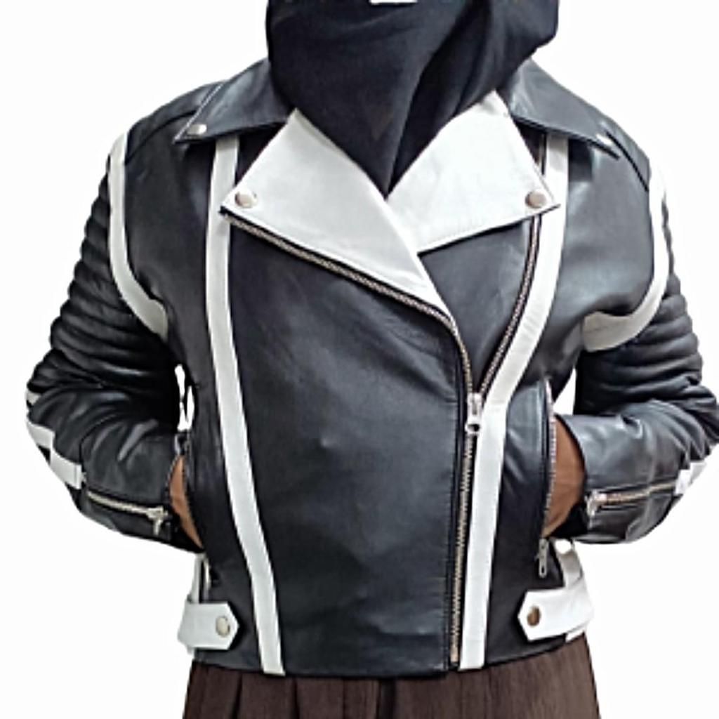 Stilvolle Schwarz-Weiß-Jacke für Damen und Mädchen, gesteppte Bikerjacke, Motorradjacke, Leder-Motojacke, Damen-Bikerjacke, Geschenk für Ehefrau