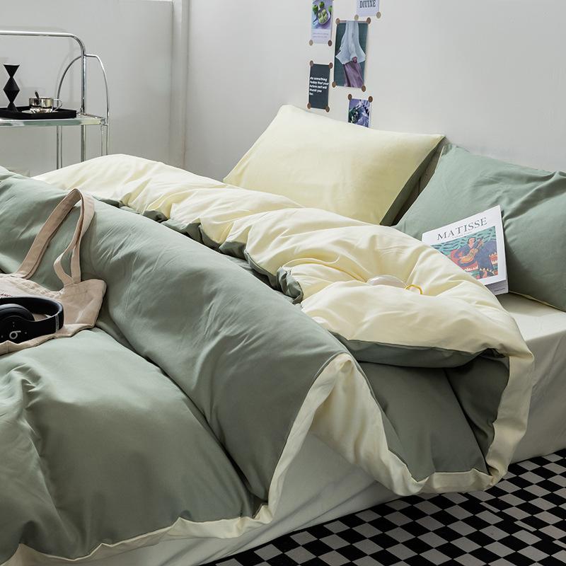Solid-color Japanese Pure Cotton Four-piece Bed Cover Set with Double-sided Washed Cotton Bed Sheets and Quilt Cover