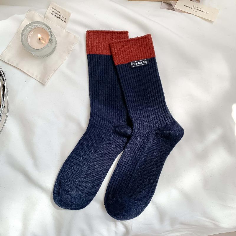 Wool Socks with Children's Multi-color Letter Fabric Labels, Mid-calf Socks, Vertical Stripes, Chunky Socks