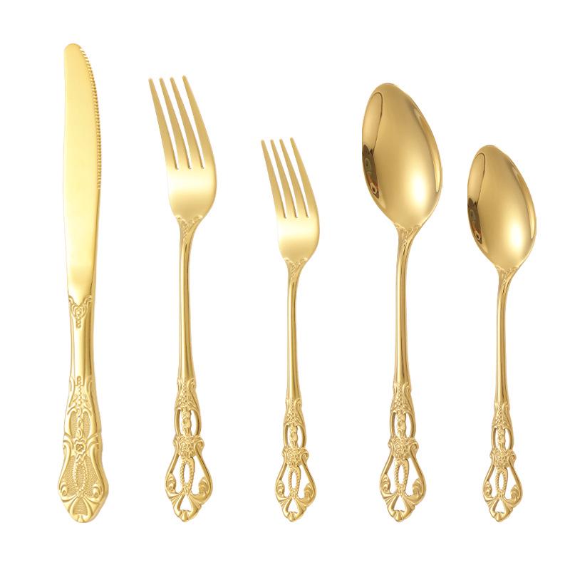 Royal Court 5-Piece Cutlery Set: Vintage Titanium-Plated Gold Stainless Steel Knife, Fork & Spoon with Embossed Hollow Design.