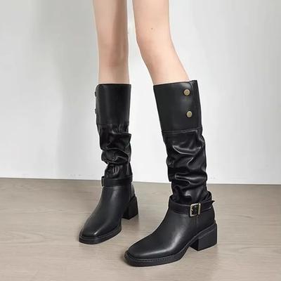 Damen Hohe Stiefel Designerschuhe Mittelhohe Absätze Marke Motorrad Botas Herbst 2024 Mode Casual Kniehoch Motorrad Botas Pumps