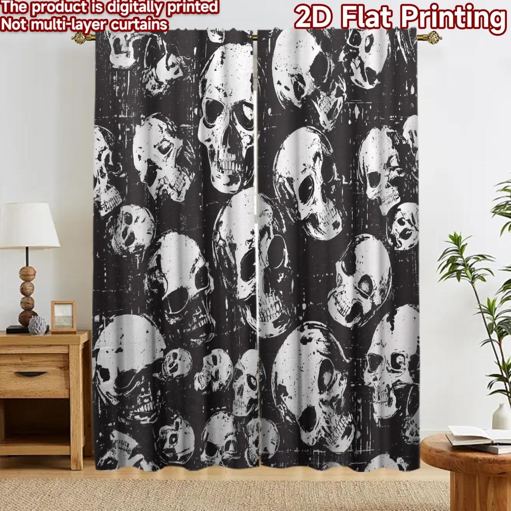 2D flat printing 2pcs Curtain Drapes Halloween Skull Pattern Digital Printed Polyester Drapes Seasonal Party & Holiday Decor for 60×150cm(23.6×59in)
