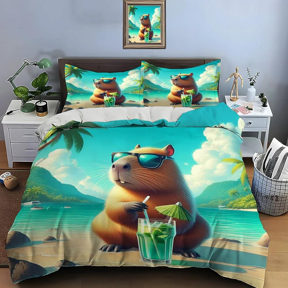 

New Cute Cartoon Capybara Print Bedding Set Duvet Cover 1 Duvet Cover 2 Pillowcases Adult And Children Bedding Set Luxury Gifts 135x200cm
