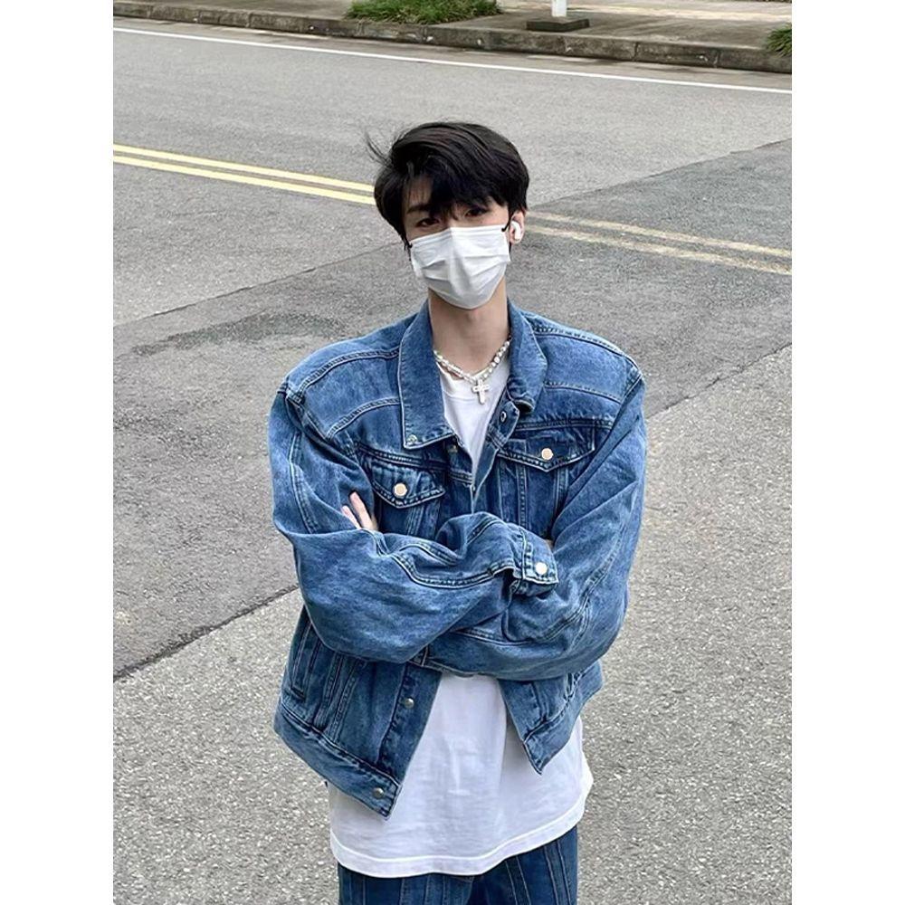 

Голубая короткая джинсовая куртка с подплечниками, мужская весенне-осенняя модная брендовая потертая хулиганская красивая американская летная куртка с продвинутым смыслом XL синий