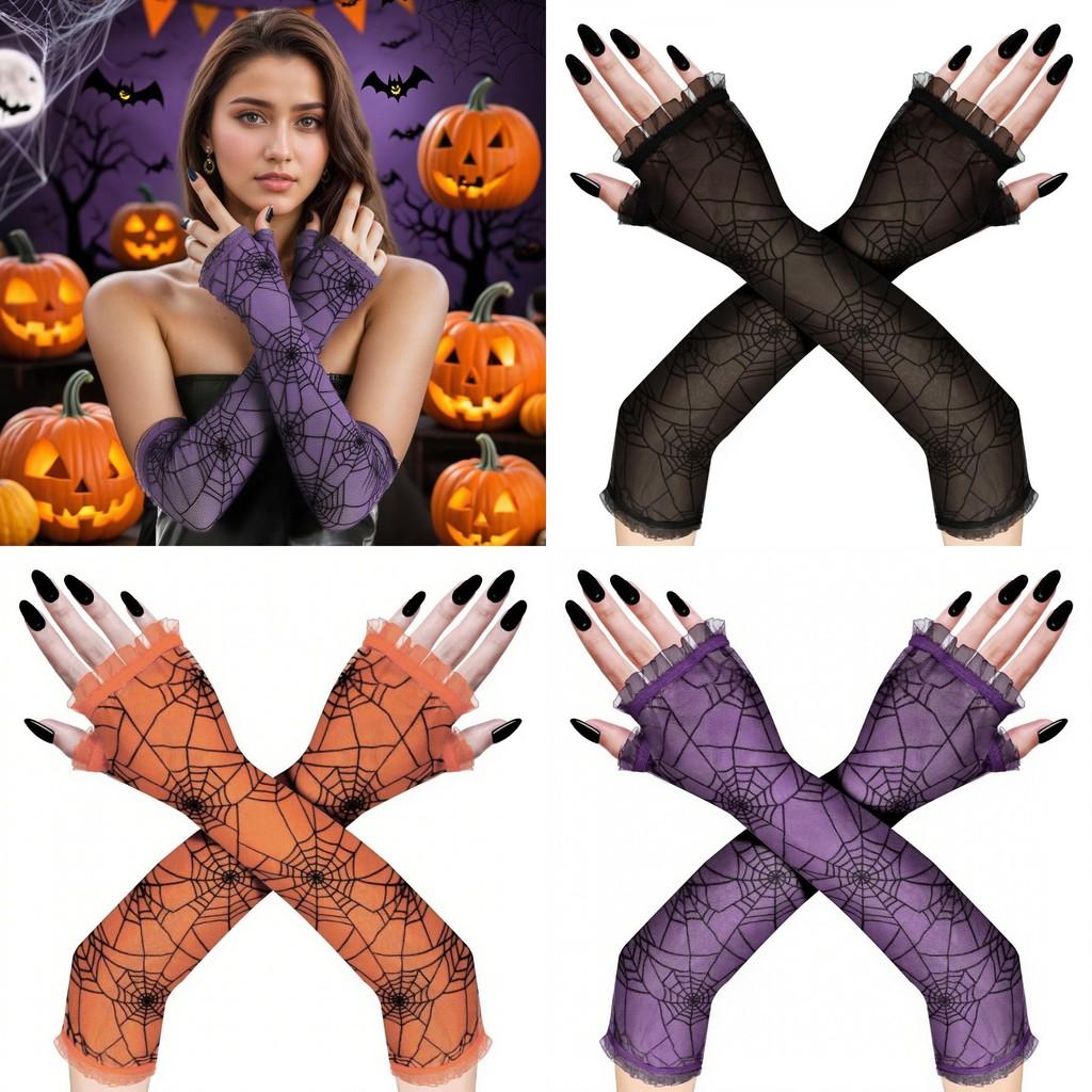 Long Halloween Costumes Gloves Spider Web Design Cosplay Party Decorations