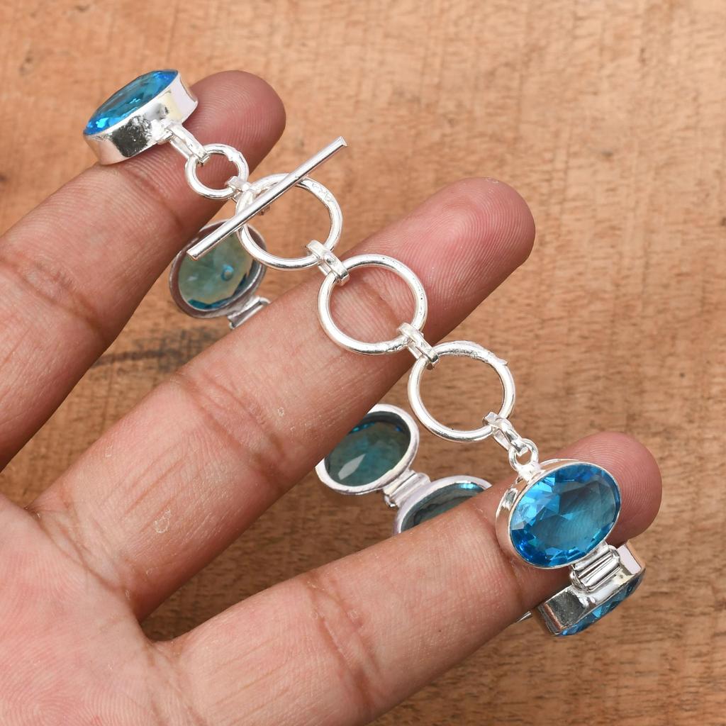 Blue Topaz Gemstone : 925 Sterling Silver Handmade Multi Gemstone Bracelet Jewelry