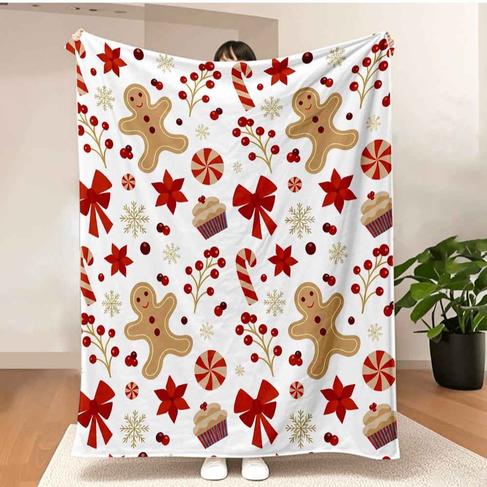 Merry Christmas Blanket Christmas Tree Gingerbread Man Red Flannel Blanket for New Year Christmas Gift for Family Nana Mon Dad