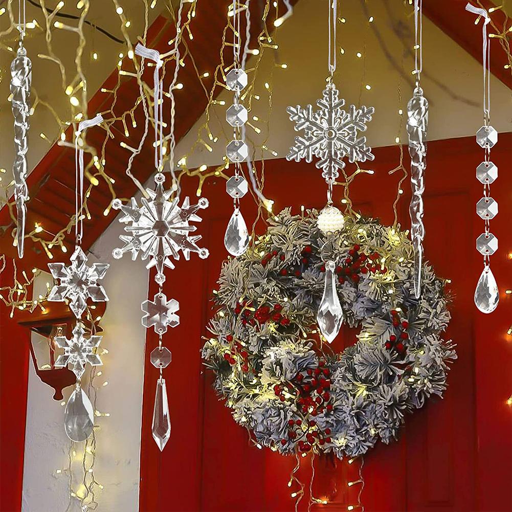 10 PCs Christmas Tree Decoration Crystal Ornaments Hanging Acrylic Snowflake Icicle Ornaments For Christmas Tree Winter New Year Party