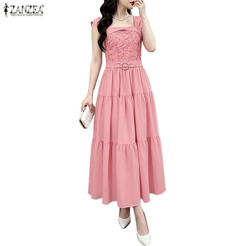 ZANZEA Women Elegant Lace Crochet Patchwork Round Neck Casual Sleeveless Dress
