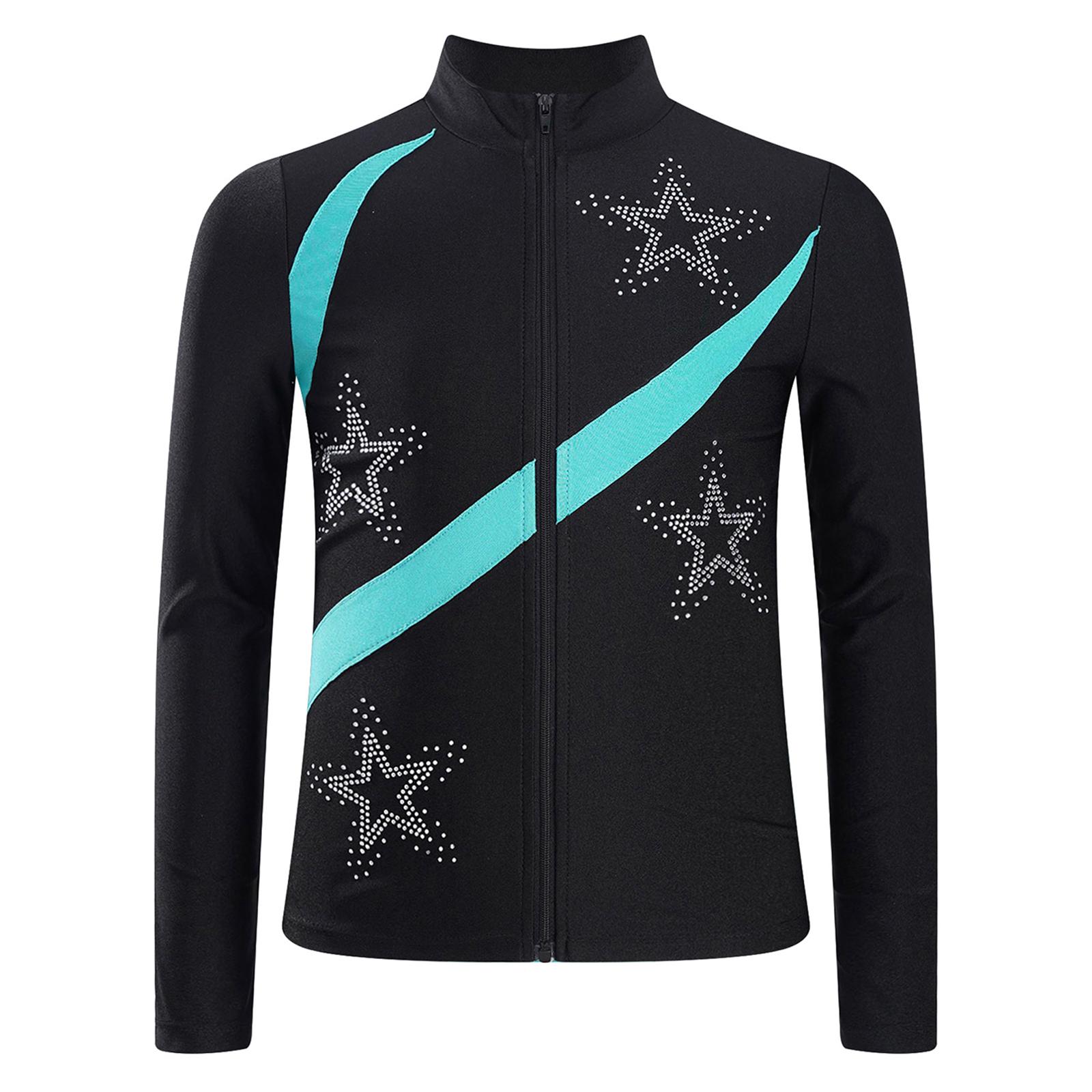 

Girls Shiny Rhinestone Star Sports Top Contrast Color Long Sleeve Stand Collar Zipper Sweatshirt Gymnastics Wear 5-6 Years бірюзовий
