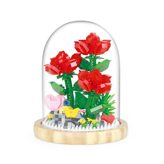 Artificial Flower Building Block Ornament Forever Rose Decorated Flower with Dust Cover Bouquet Building Valentine's Day Gift