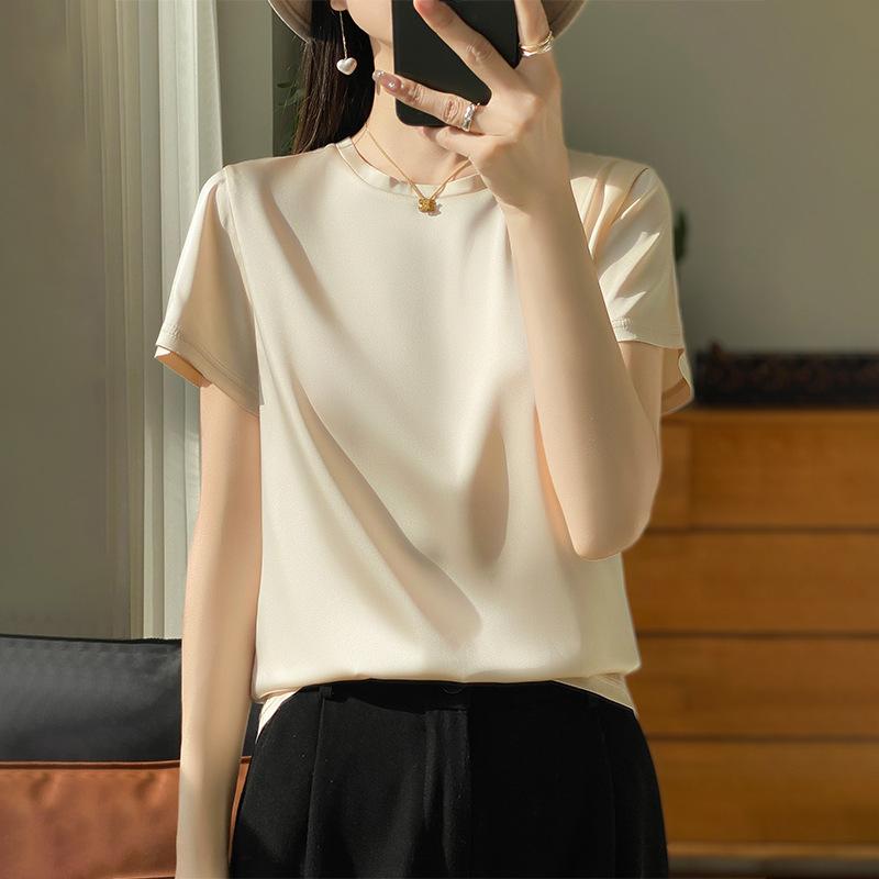 Frühling und Sommer Damen T-Shirt Seide Locker Rundhals Einfarbig Temperament Kurzarm T-Shirt Tops