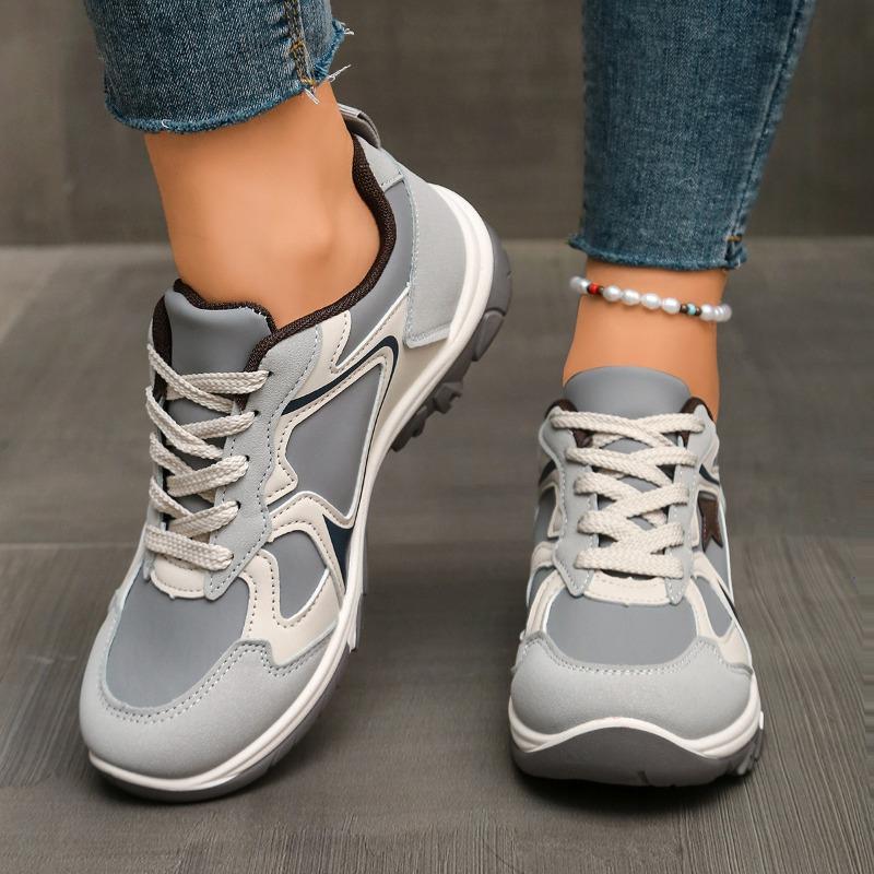 Fashion 2025 Women's Tennis Shoes Spring and Autumn New Pu Leather Splicing Lace-up Casual Sneakers Fashion Breathable Jogging Dad Shoes
