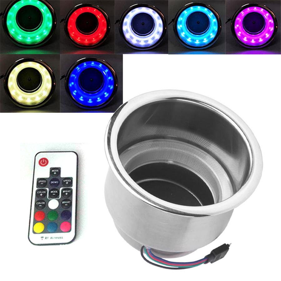 4x Stainless Steel Car Cup Drink Holder 14 LED w/ Remote RGB Lights for Truck RV