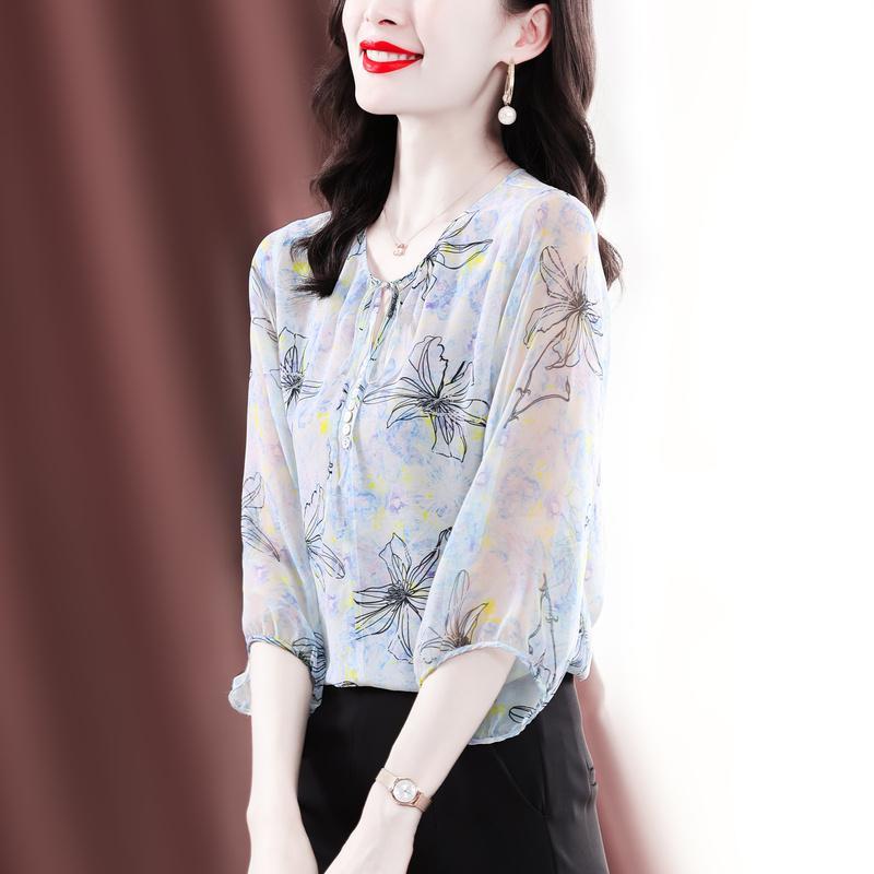 Female Spring/Summer New Korean Chiffon Shirt Top Fashion 3/4 Sleeve Printed Lace Up Bottoming Blouse S-4XL