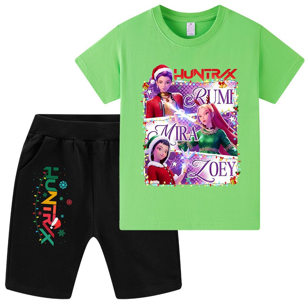WA1265 Kids Boys Girls Kpop Rumi Zoey Mira Christmas Print Short Sleeves T-shirt Shorts Pants Sets