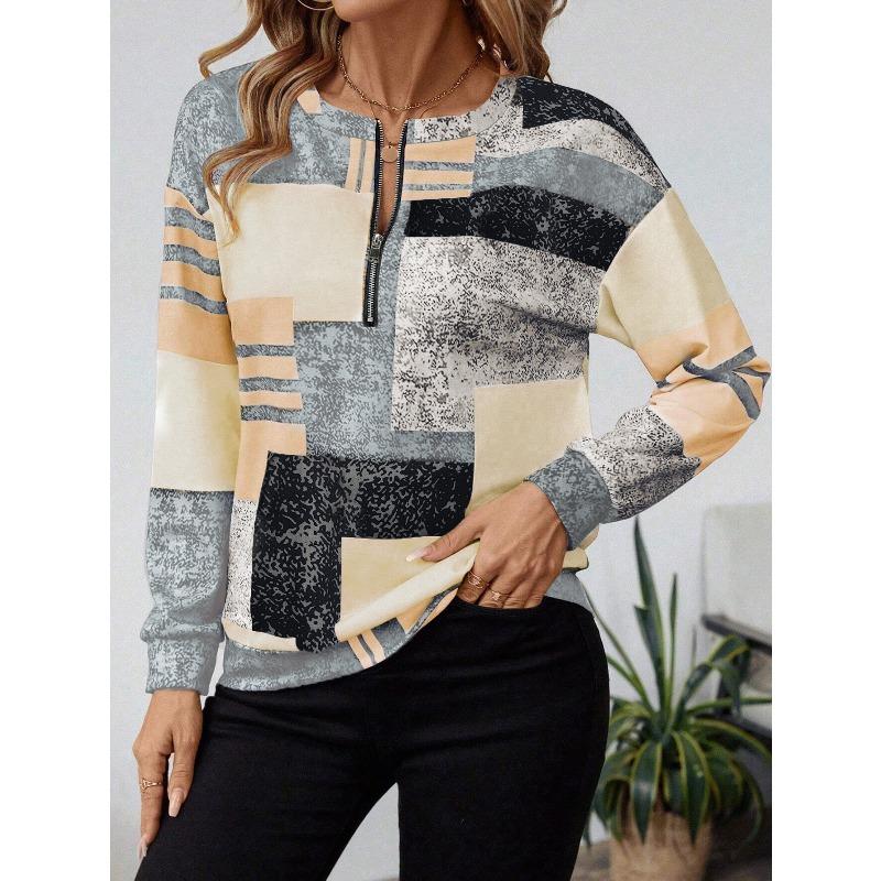 

Women’s Geometric Patchwork Sweatshirt, Half - Zip Front, Long - Sleeve, Casual Fall & Daily Wear S