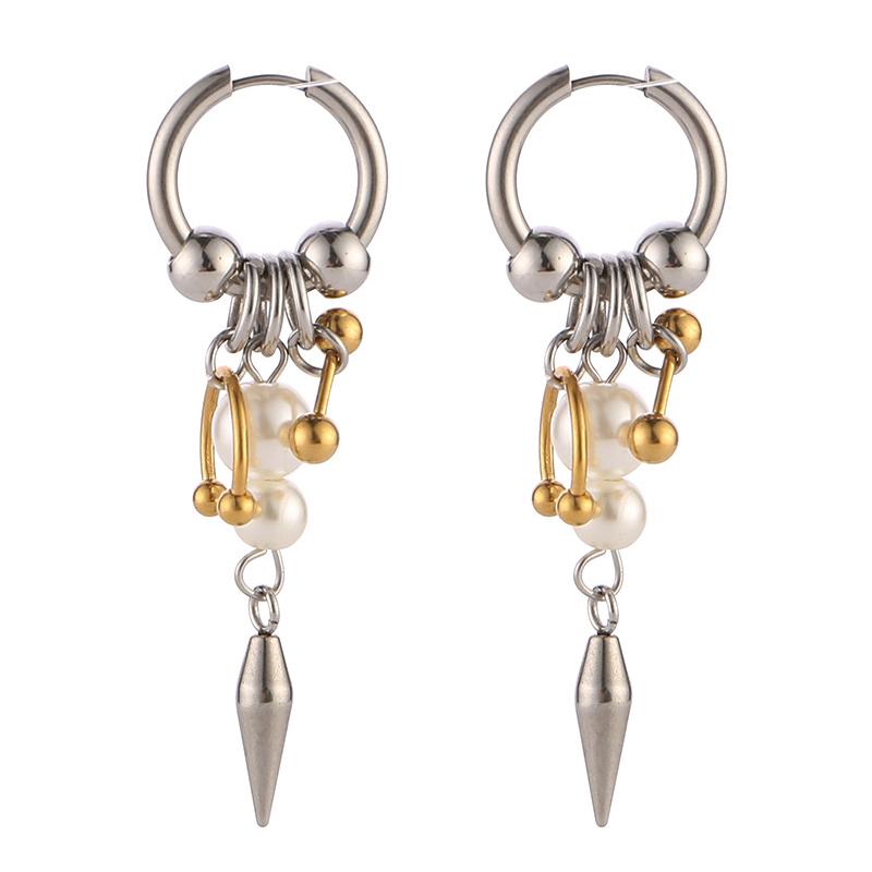 Boucles d'oreilles pendantes géométriques en acier inoxydable Punk Gothique Multicolore Clou à Rivet Fer à Cheval Perle d'Imitation Gland Conique Pour Femmes