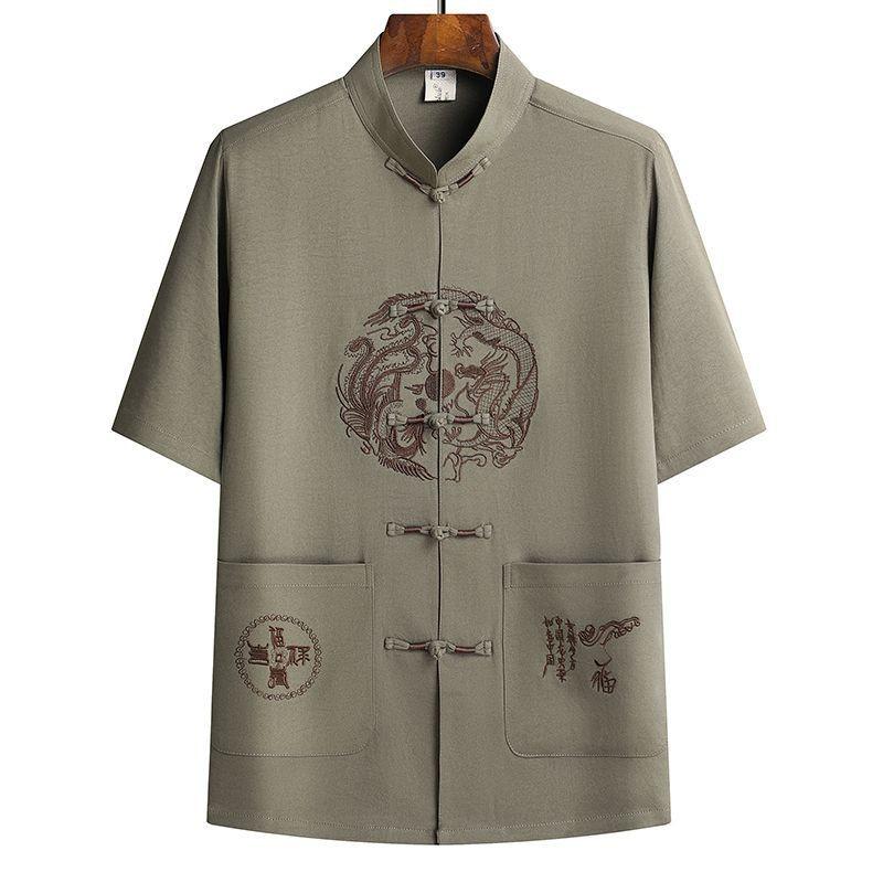 Chinese Style Mens Short Sleeve Suit With Dragon Phoenix Pattern Embroidery For Summer Casual Wear