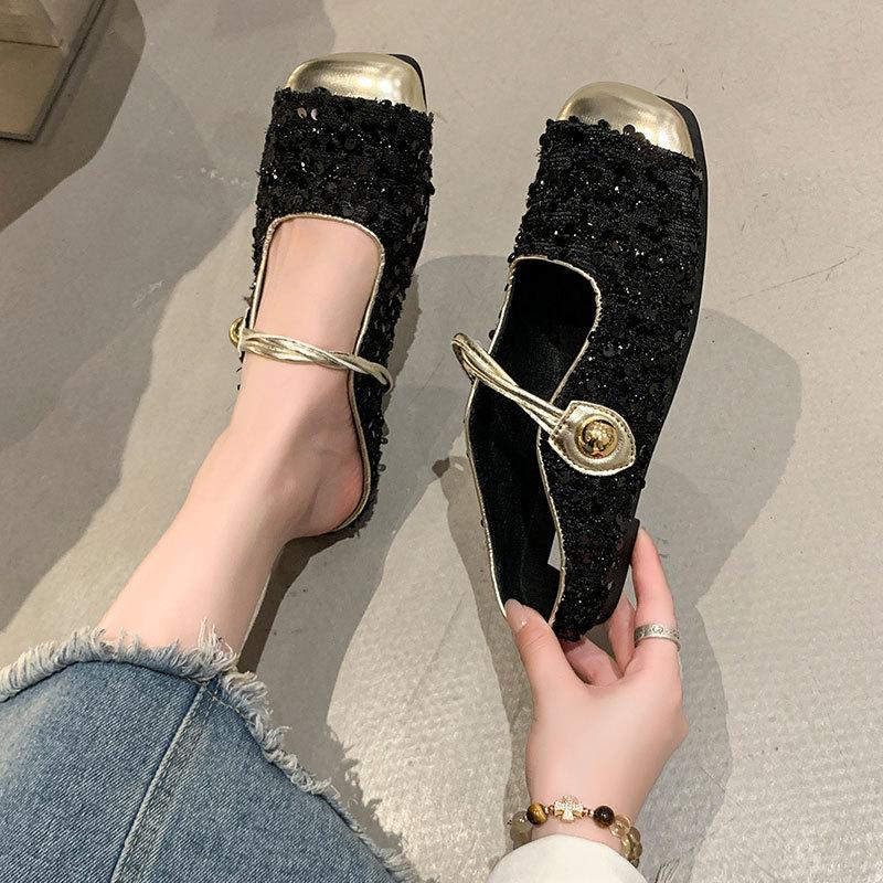 Flat Heel Bag Head Mary Jane Cool Slippers Women's 2025 New Sequined Buling Temperament Sandals with Skirt Half Slippers