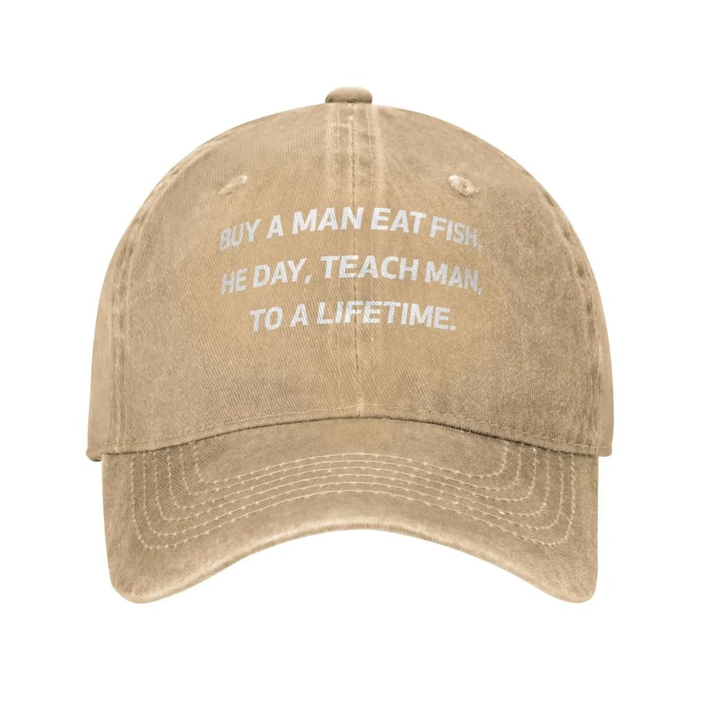 Compra Un Uomo Mangia Pesce Lui Giorno Insegna Pesce Uomo A Una Vita Cappellino da Baseball Casual Cappellino Trucker da Esterno Cappellino Snapback Traspirante Estivo