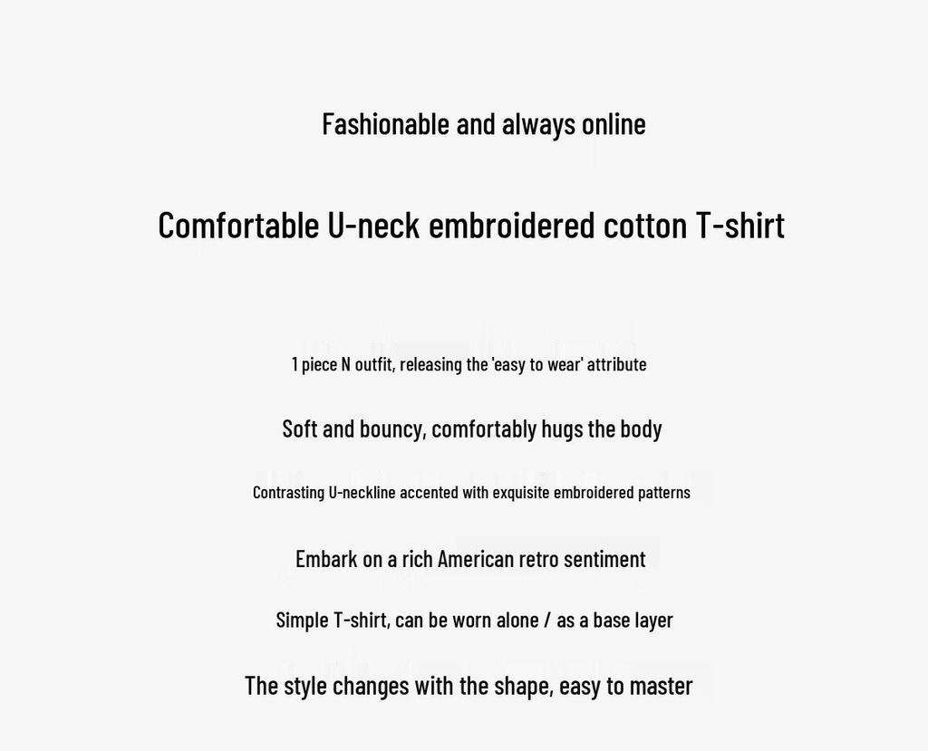 Damen-T-Shirt mit U-Ausschnitt, bestickt, langärmelig