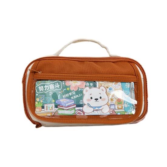 Portable Pencil Case with Handle Large Capacity Stationery Organizer for Students Cute Bear Design Pen Bag for School Office Supplies