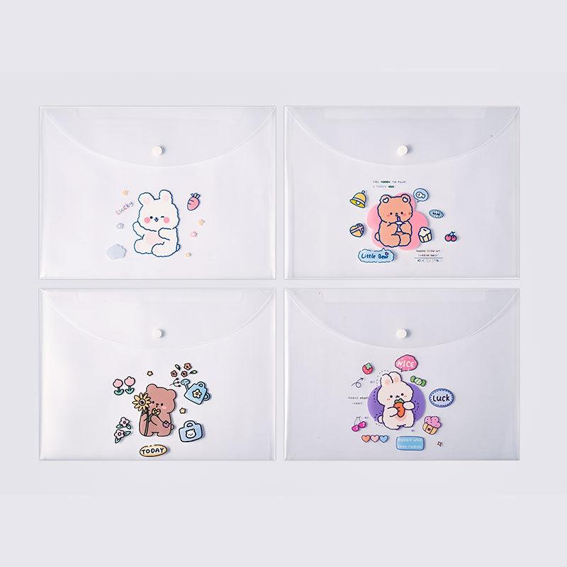 4pcs File Bags For Document Cute Cartoon File Holder Snap Button PVC Folder Pen Box Office Information Bag Student Stationery